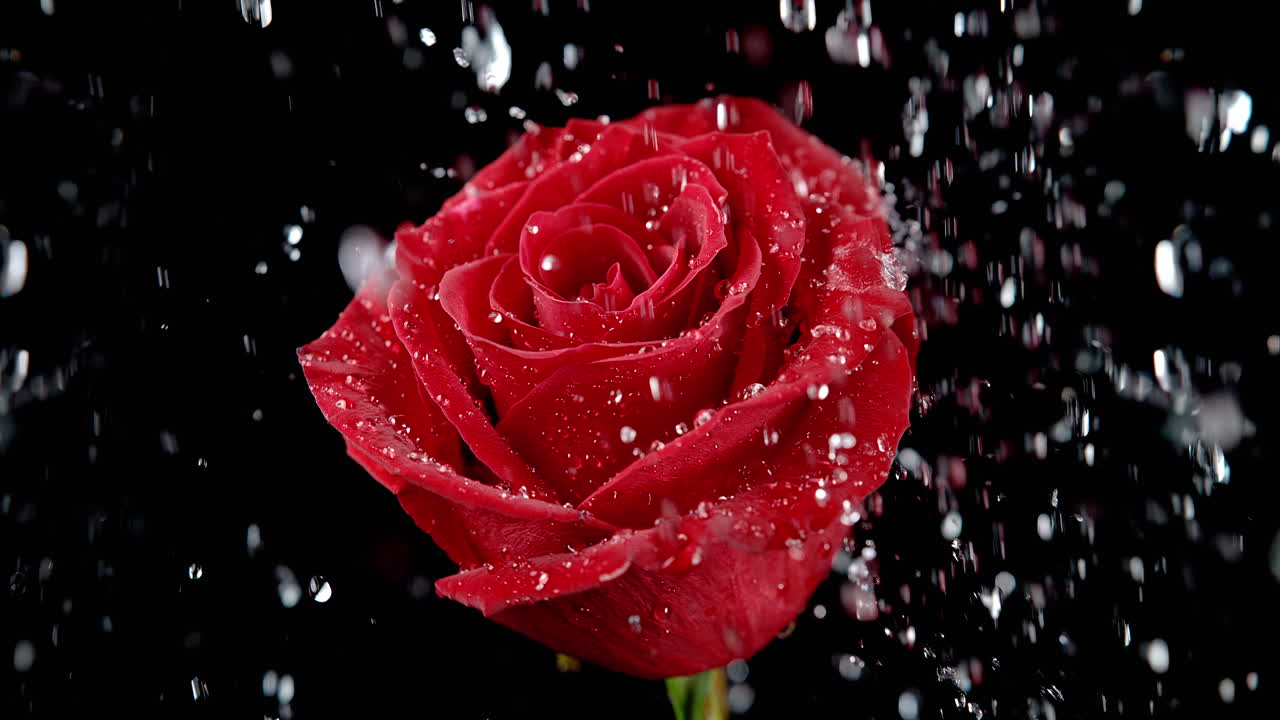 Rose Flower Being Watered By Rain in Macro and Slow Motion - Water Droplets Splash On The Red Petals
