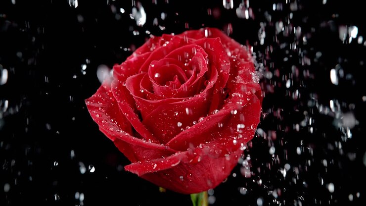 Rose Flower Being Watered By Rain in Macro and Slow Motion - Water Droplets Splash On The Red Petals