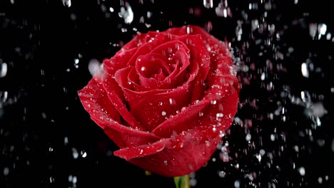 rose flower being watered by rain in macro and slow motion - water droplets splash on the red petals