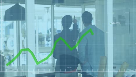 animation of data processing against diverse man and woman discussing over memo notes at office