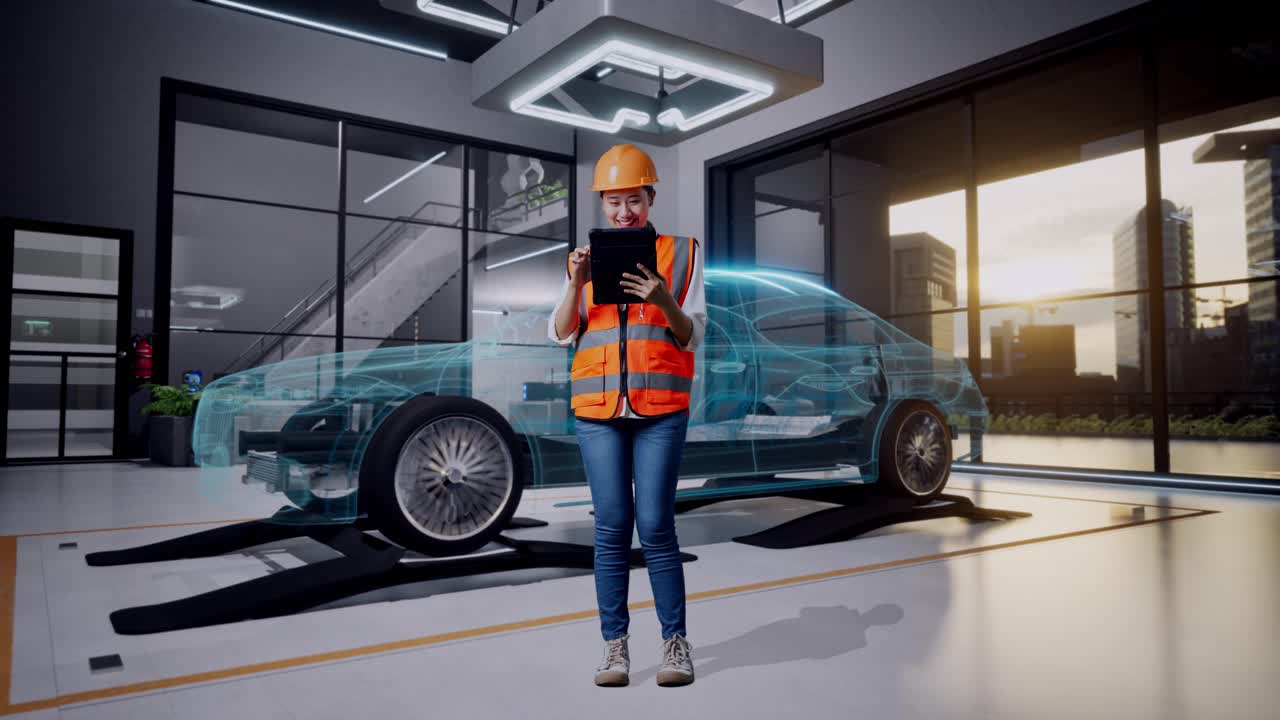 ingeniera inspeccionando un coche con tecnología de realidad aumentada