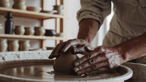 hands shaping clay on a potter's wheel