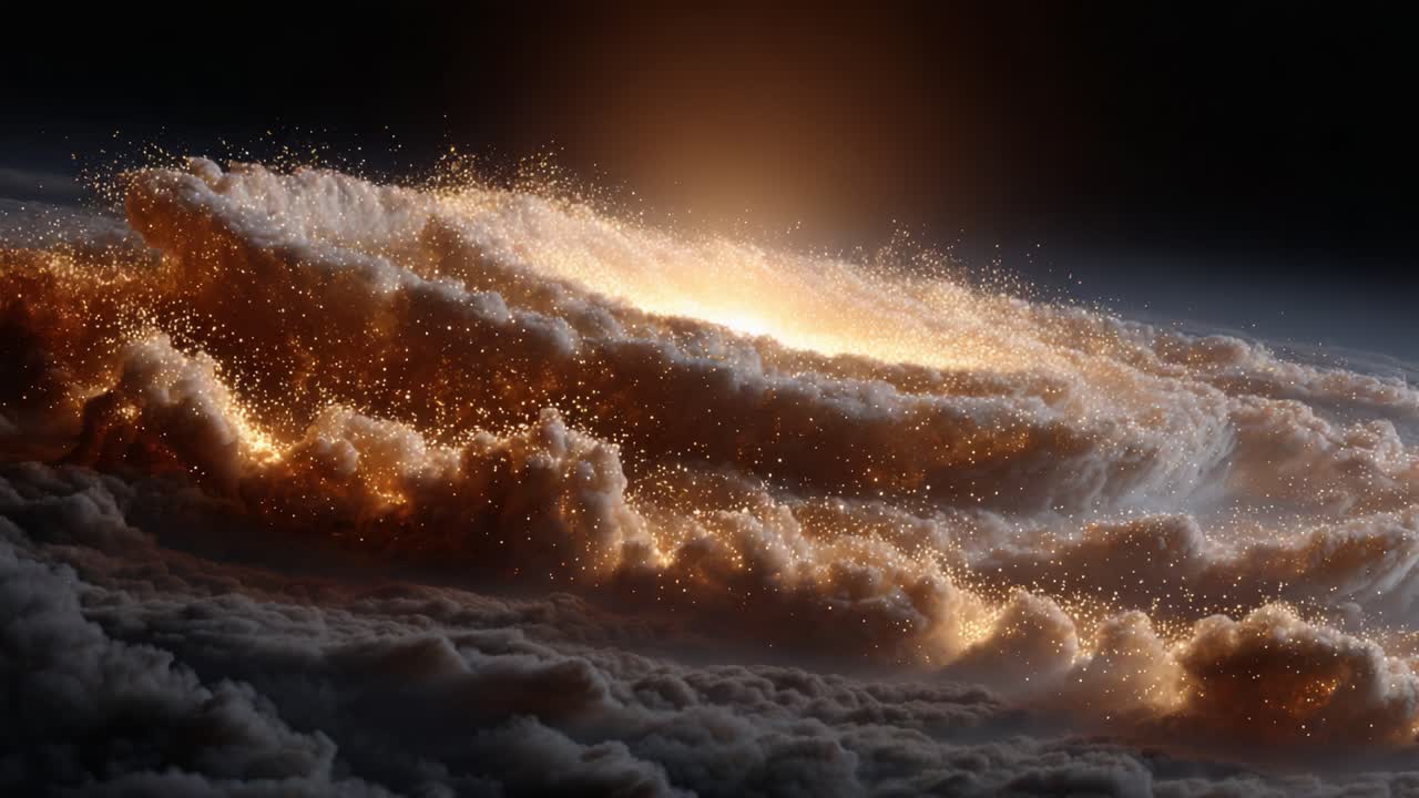 A Stunning Cosmic Display: Swirling Clouds of Light and Dust in a Celestial Formation, Illuminating the Dark Surroundings with a Golden Hue