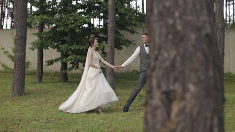 lovely newlyweds caucasian bride groom walking in park, holding hands, wedding couple family