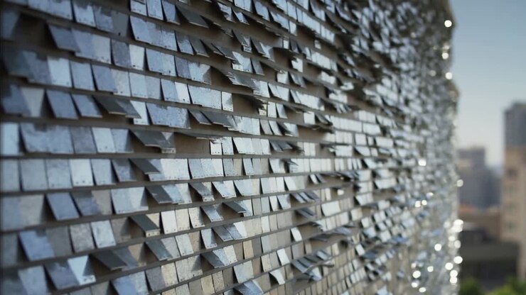 Shimmering metal tiled facade catching sun on city building, showing raised edges, seams and glints
