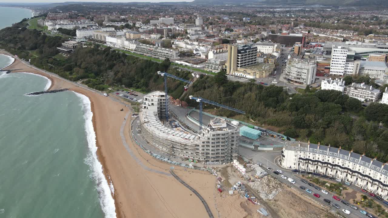 New beach front apartments Folkestone Kent UK Aerial 4k footage