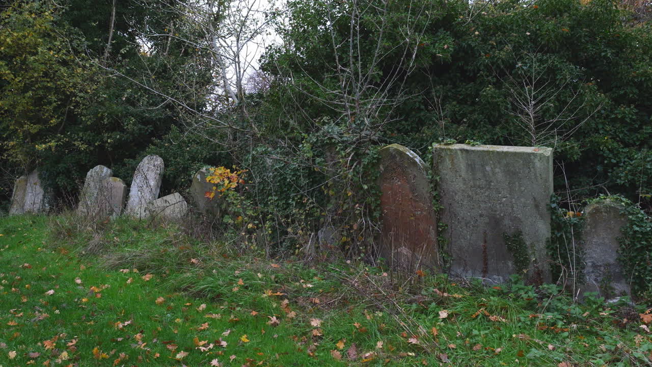 bedfordshire의 버려진 묘지에 있는 오래된 비석