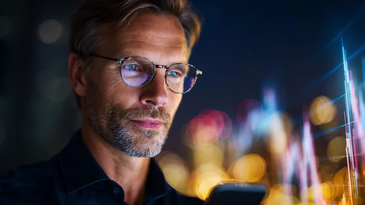 Um profissional focado analisa dados financeiros em um smartphone com luzes da cidade borradas ao fundo, refletindo uma mistura de tecnologia e sofisticação urbana em um ambiente noturno
