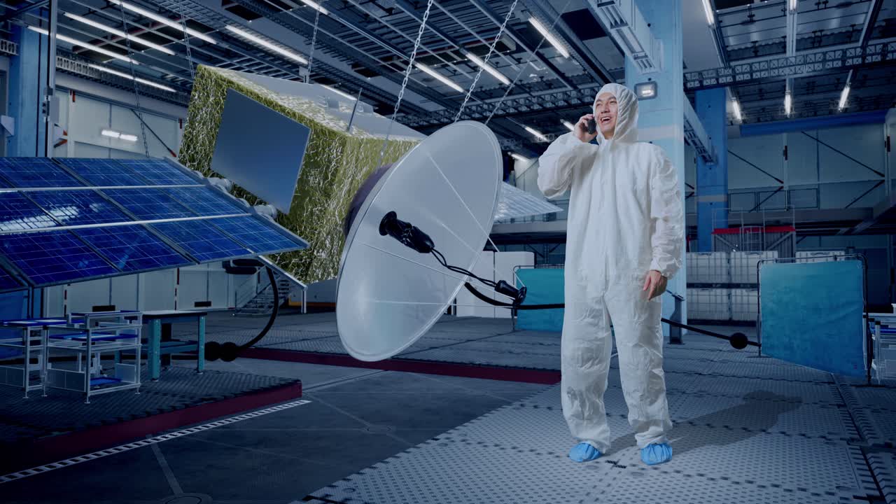 cuerpo lleno de científico masculino asiático hablando en teléfono inteligente mientras estaba de pie con la construcción de la nave espacial