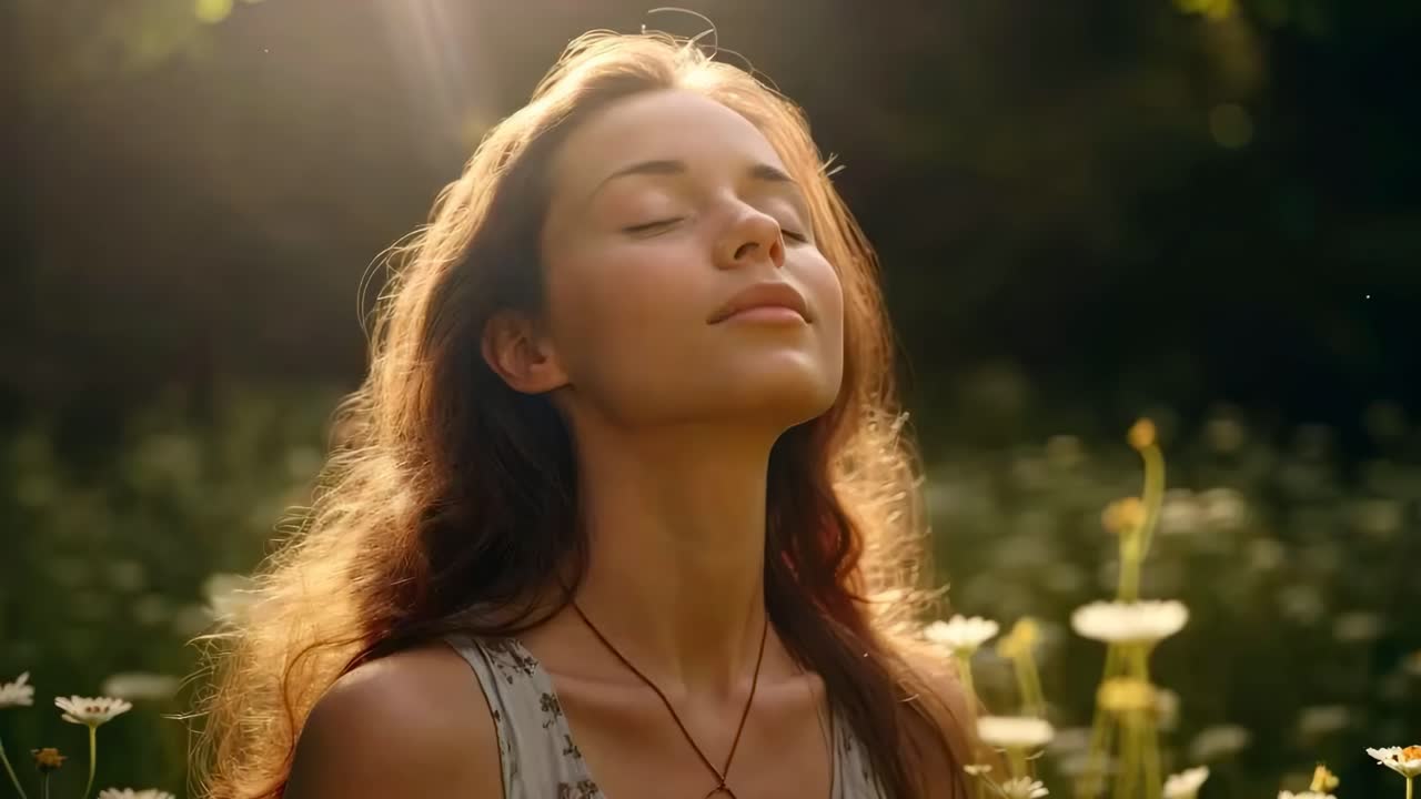 A serene video captures a woman basking in sunlight, eyes closed, in a meadow