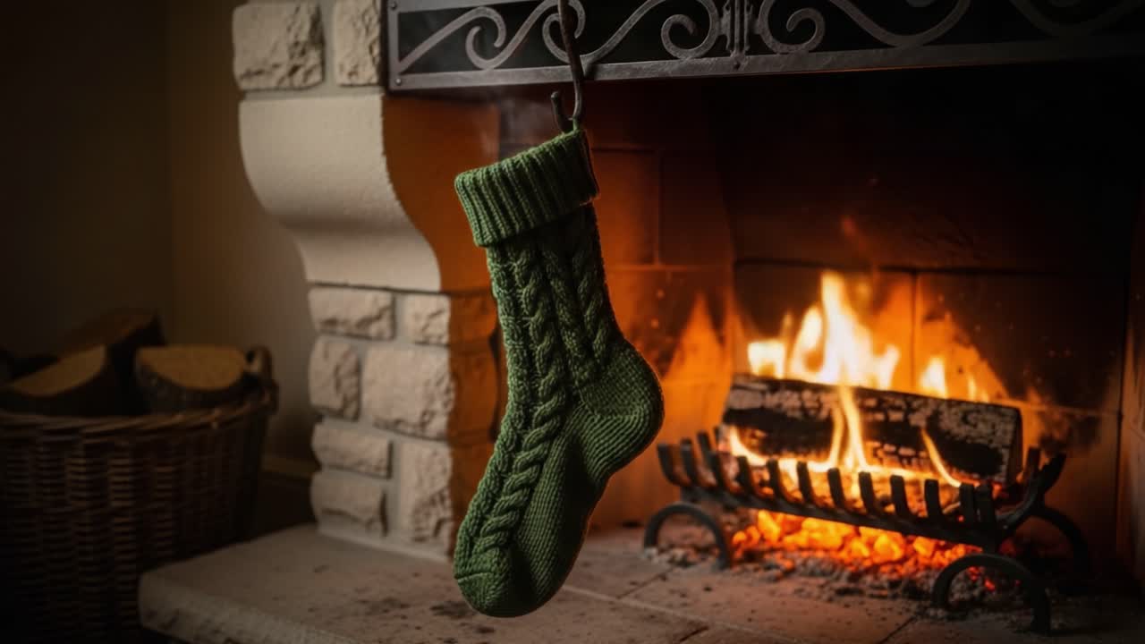 A Cozy Christmas Scene Featuring a Green Knitted Stocking Hanging by a Warm Fireplace, Evoking Warmth and Holiday Cheer in a Relaxing Atmosphere