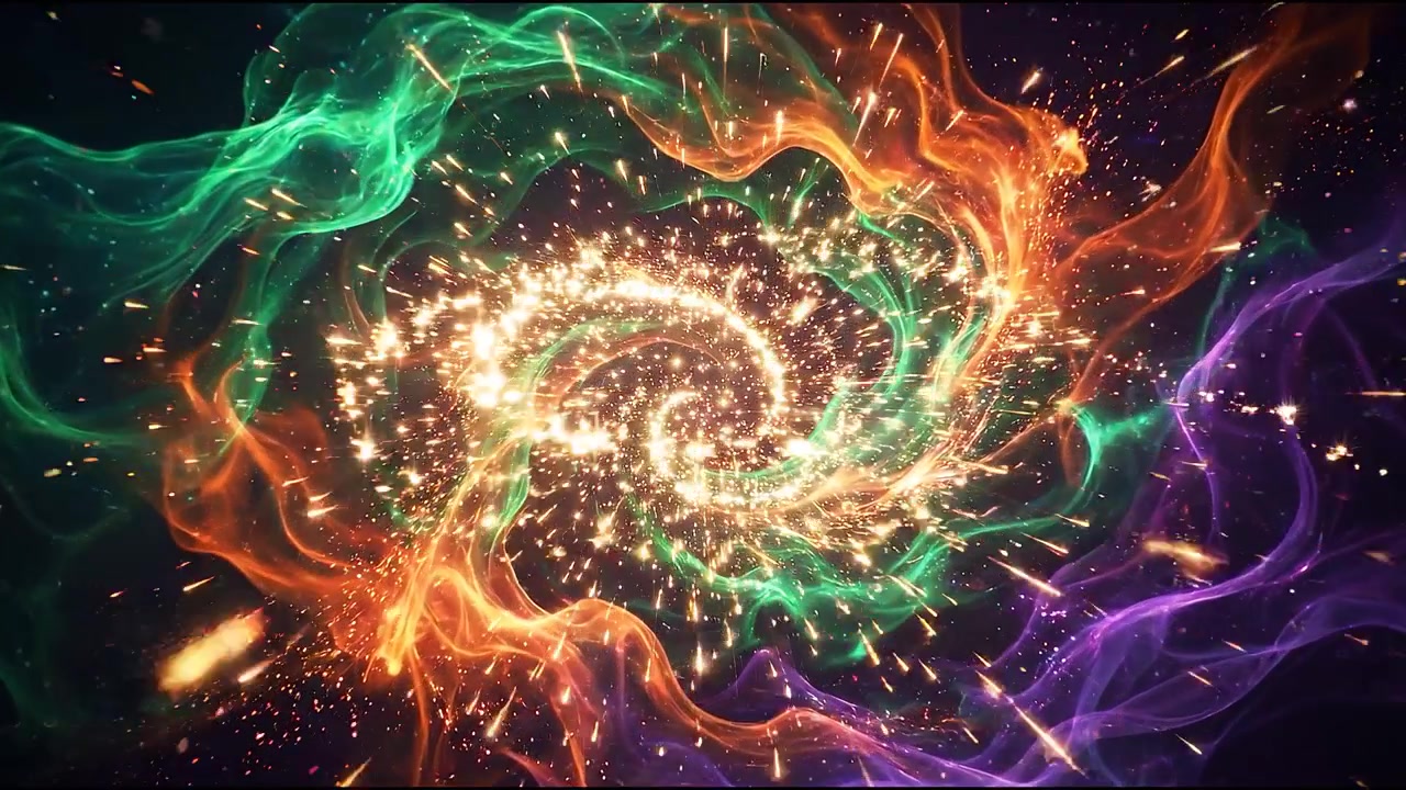 Onde di energia luminose e colorate che turbinano nello spazio cosmico oscuro con vivaci particelle di luce astratte