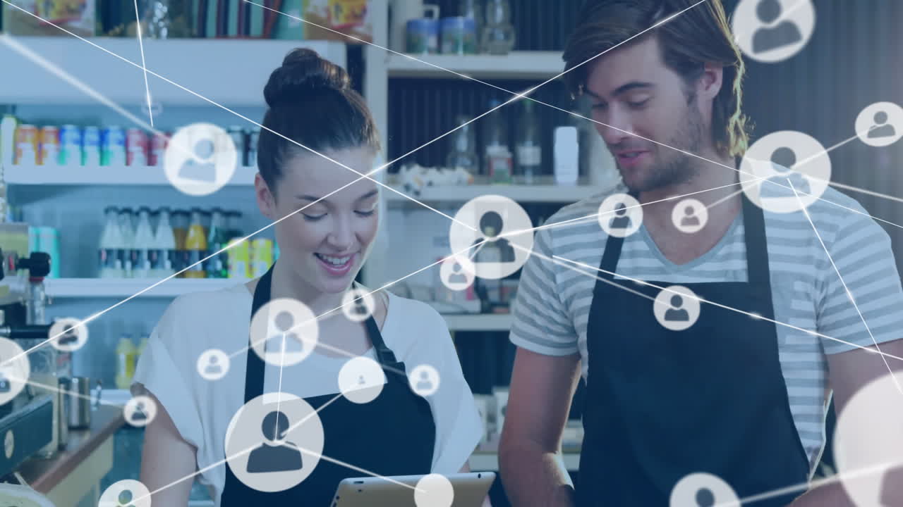 매장에서 태블릿을 사용하는 다양한 사람들에 대한 사람들의 연결 네트워크 아이콘의 애니메이션