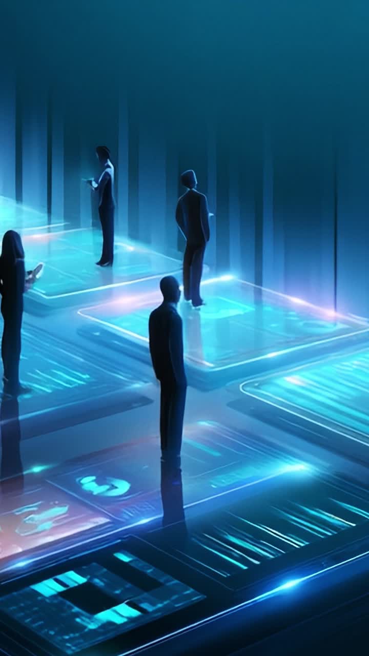 A futuristic digital landscape featuring individuals interacting on illuminated platforms, showcasing advanced technology and virtual connections in a luminous environment