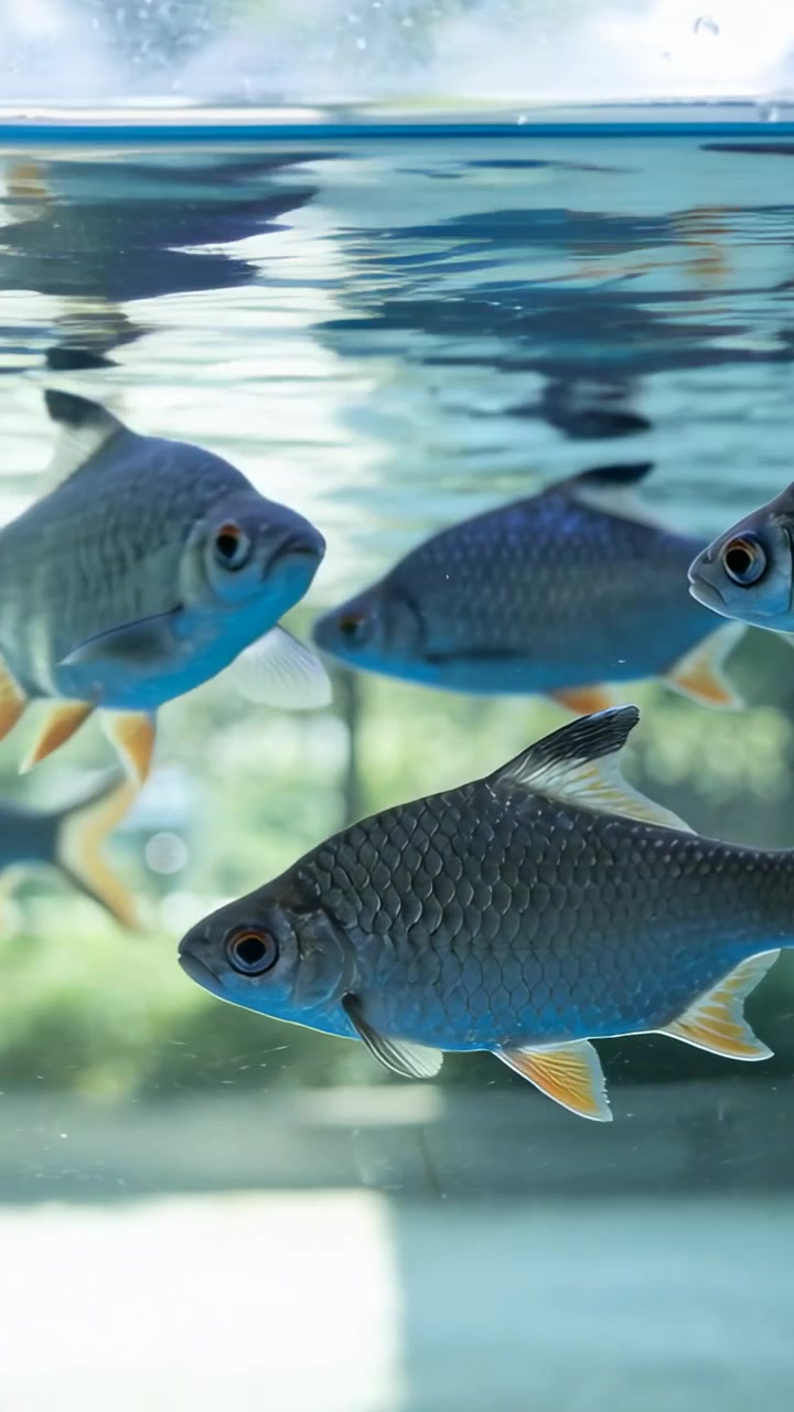 Video verticale: Pesci argento-blu che nuotano in un acquario di vetro vicino a una finestra, mostrando la linea dell'acqua.