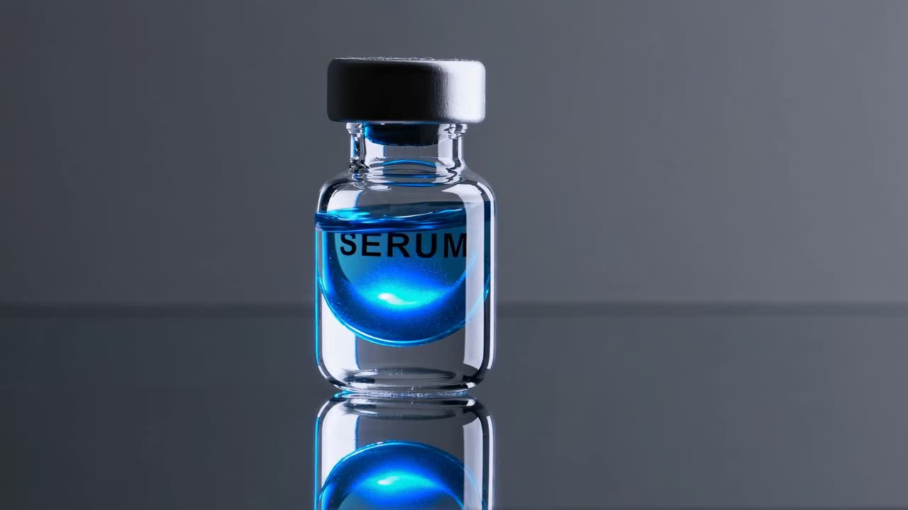 Close-up shot of a serum vial with blue liquid on a reflective surface