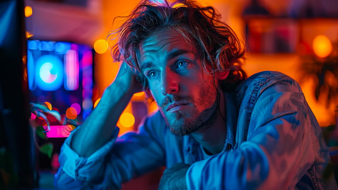 Man lost in colorful lights. A young man sits thoughtfully, surrounded by bright lights and a cozy atmosphere, reflecting on his thoughts