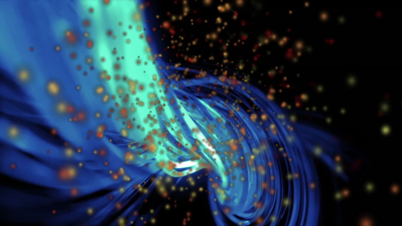 Animation of glowing light spots moving over light trails on black background