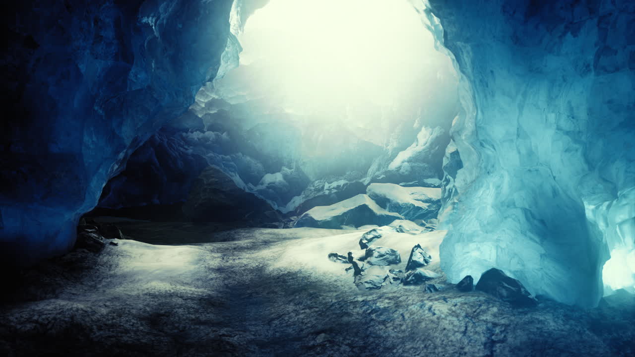 Mysterious cave illuminated by ethereal light beneath a frozen landscape