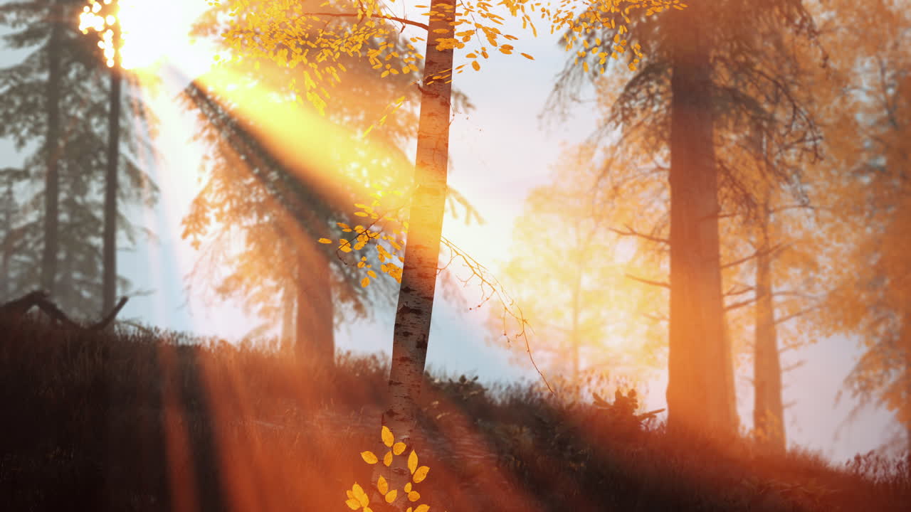 niebla del amanecer en el bosque de abedules