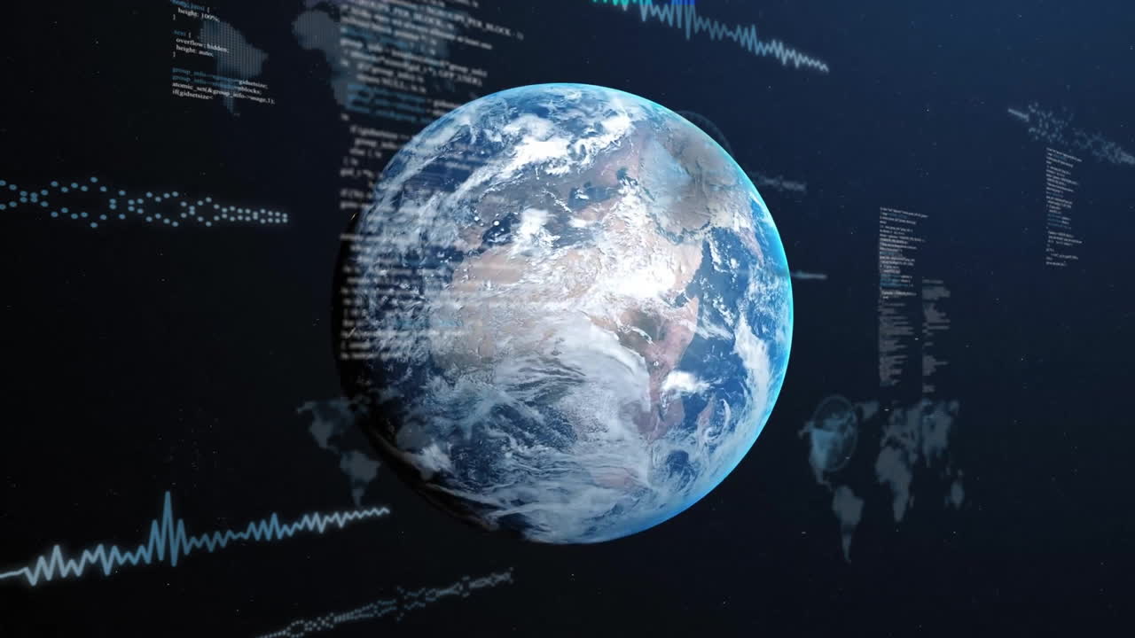 Animation of financial data processing over globe on black background