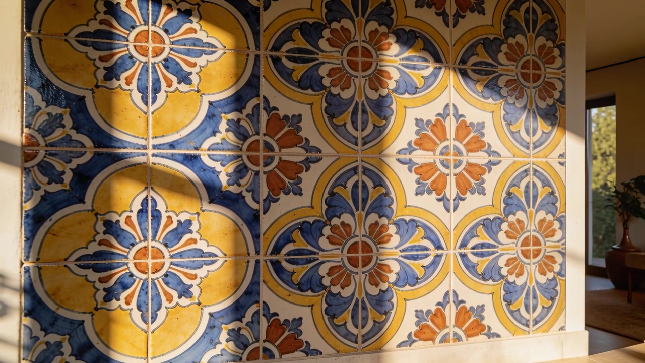 La luce del sole che entra dalla porta si muove su una parete di piastrelle in ceramica, rivelando motivi e ombre mutevoli in casa.