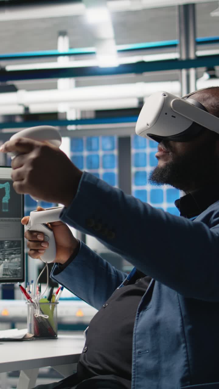 Vertical Video Photovoltaics manufacturing plant analyst works with VR gear
