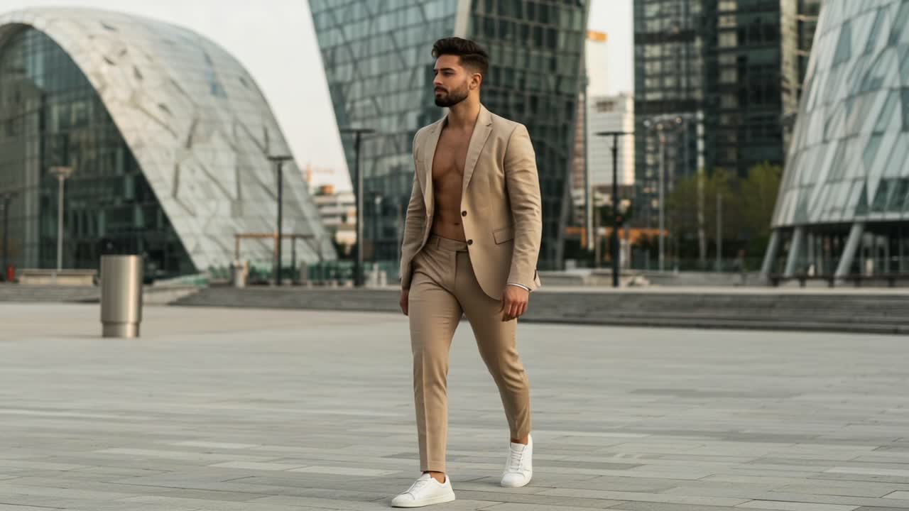 A Fashionable Male Model Walks Confidently in a Stylish Suit Through a Modern Urban Landscape Showcasing Contemporary Architecture and Urban Style