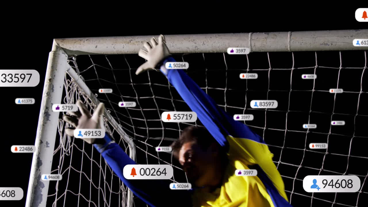 Animazione di elaborazione dati digitali su portiere di calcio caucasico