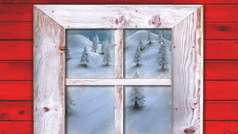 Animation-of-snow-falling-and-christmas-winter-scenery-seen-through-window