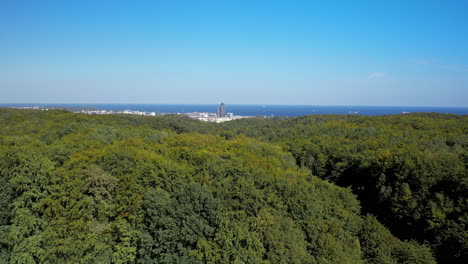 Aerial-Rise-Over-Forest-Landscape-with-Gdynia-City-and-Sea-in-Background-on-Sunny-Day-with-Blue-Sky,-Poland