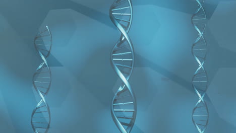 animation of dna strands spinning and data processing on blue background