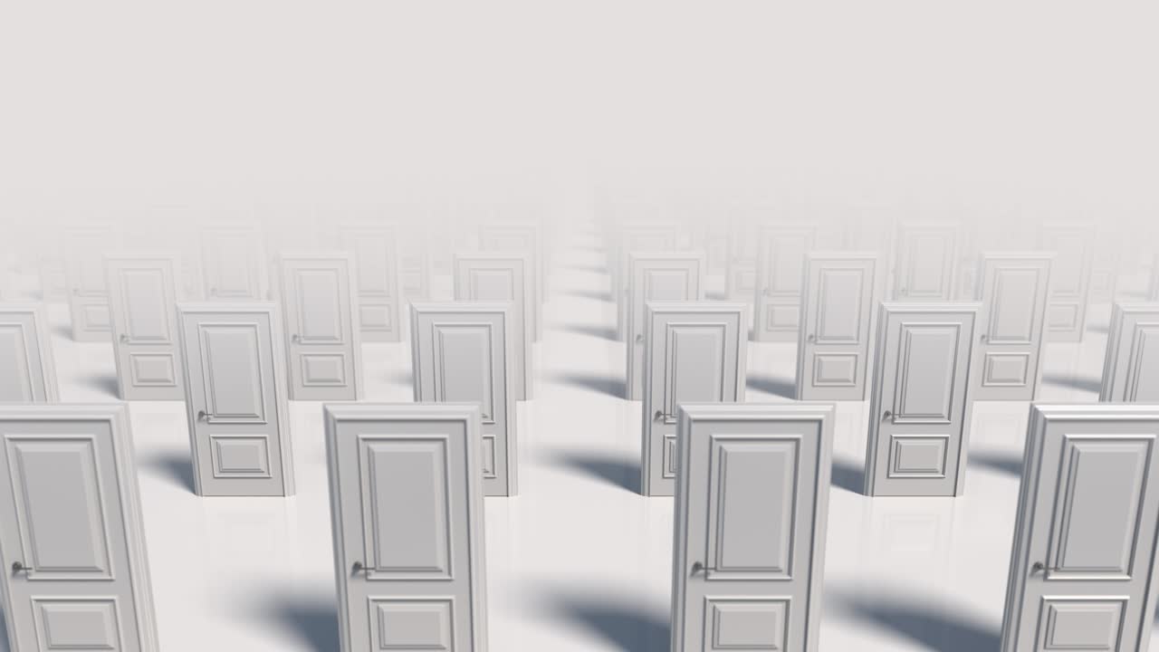 Rows of white wooden closed doors. There are many ways to choose. Choice, business and success concept. Moving through a doors hall corridor. 3d animation loop, 4K