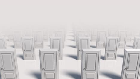 rows of white wooden closed doors. there are many ways to choose. choice, business and success concept. moving through a doors hall corridor. 3d animation loop, 4k