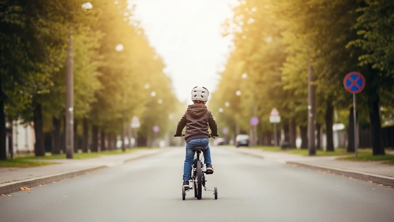 A Young Cyclist Enjoying a Peaceful Ride Down a Tree-Lined Street, Embracing the Joys of Adventure and Freedom on a Bright, Sunny Day