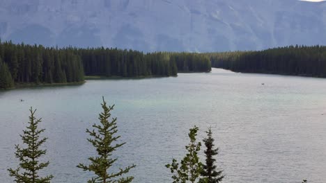 paisaje hermosa vista natural del lago two jack con un hermoso bosque de pinos y montañas rocosas en el fondo en el parque nacional de banff, alberta, canadá en verano sol durante el día