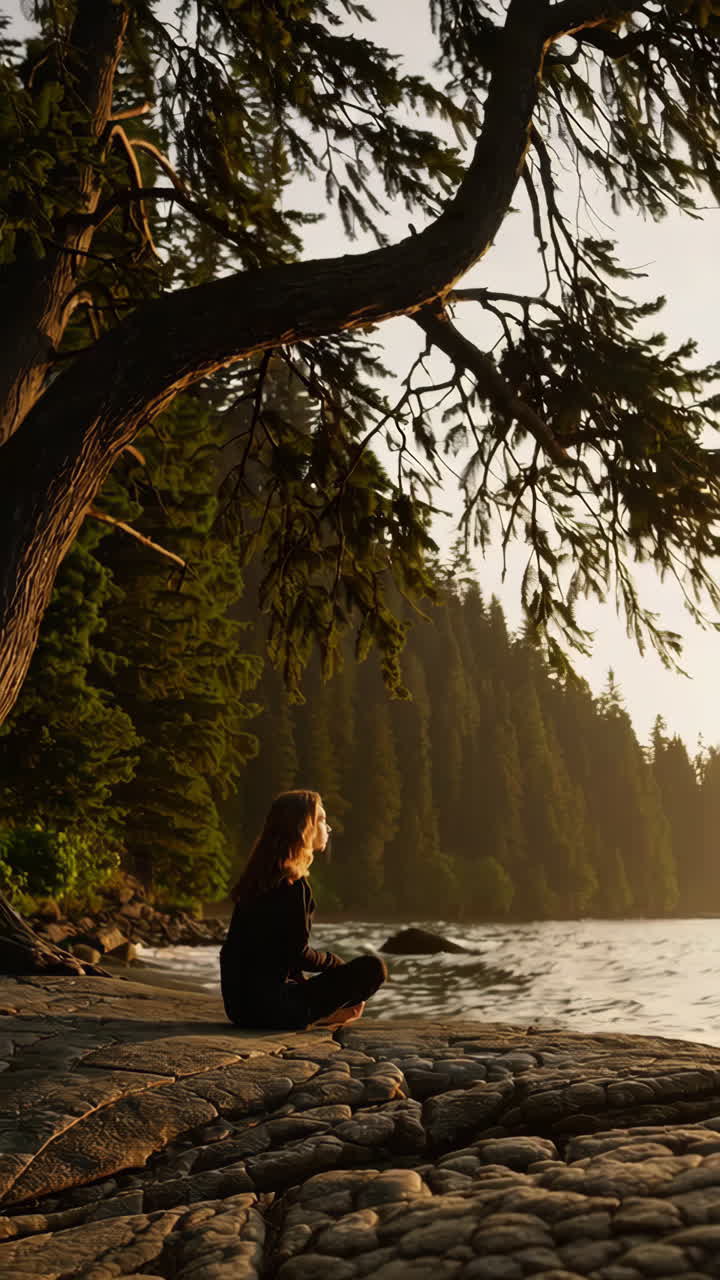 mujer meditando a orillas del lago al atardecer