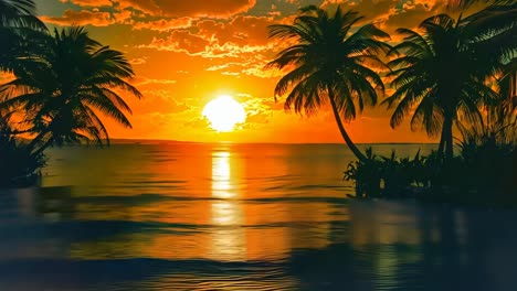 a sunset over the ocean with palm trees in the foreground