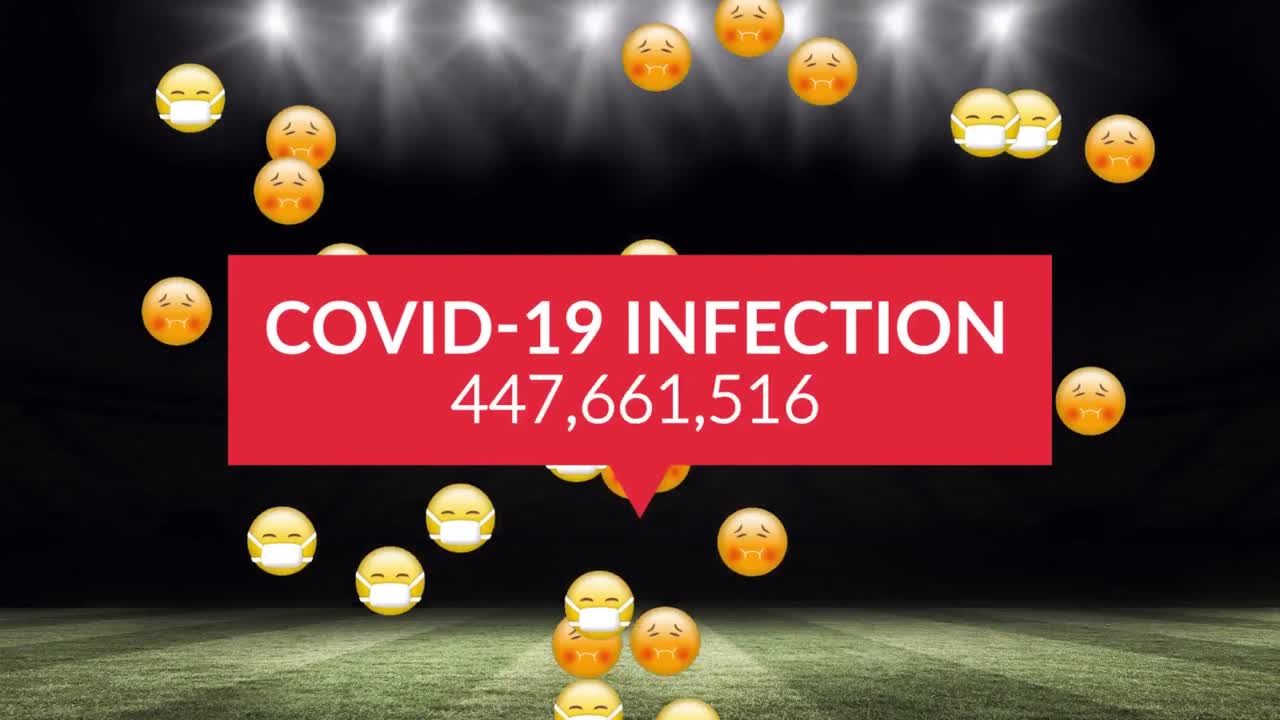 얼굴 마스크에 이모티콘의 애니메이션과 스포츠 경기장에서 코로나 감염자 수가 증가하고 있습니다.