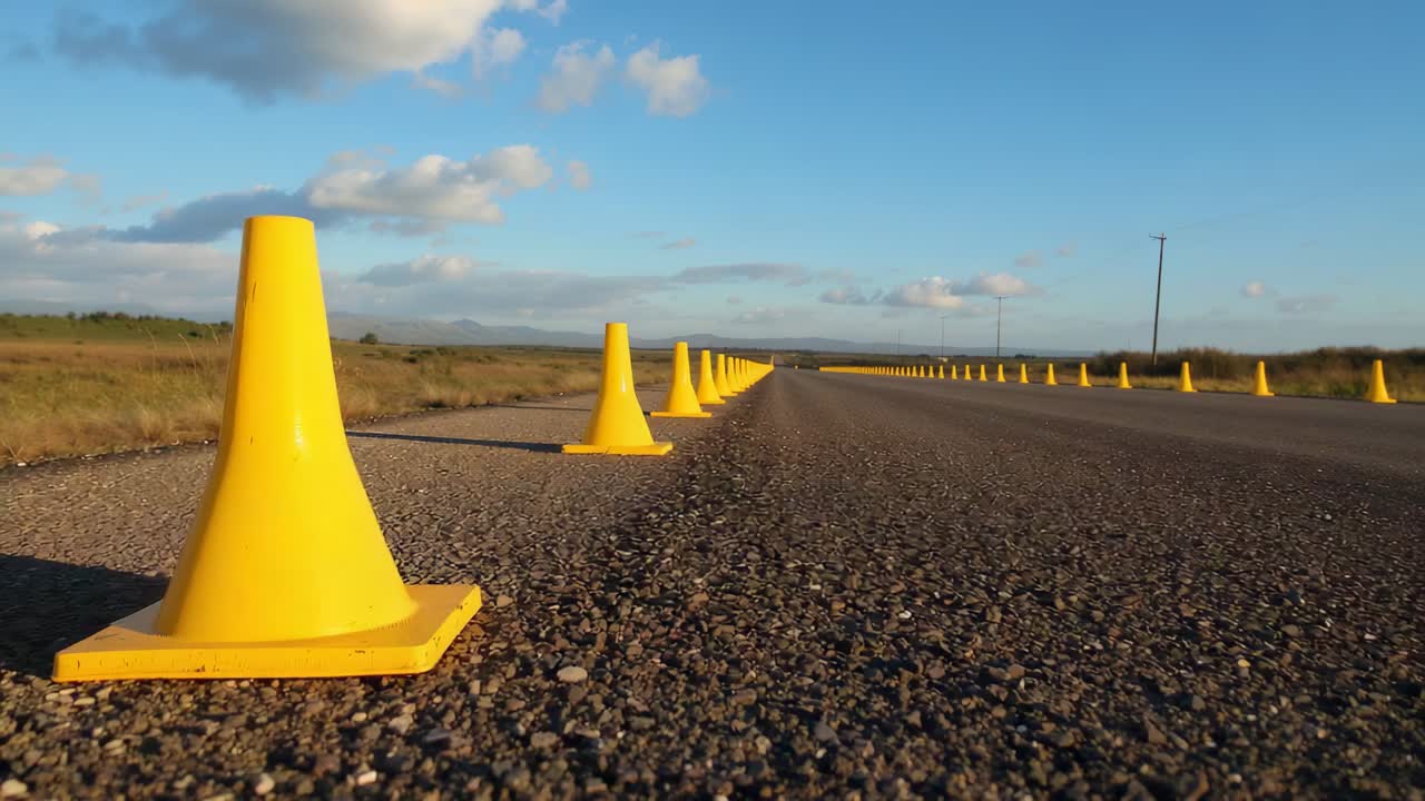 Starting low camera tracking rural road, revealing yellow traffic cones converging toward horizon