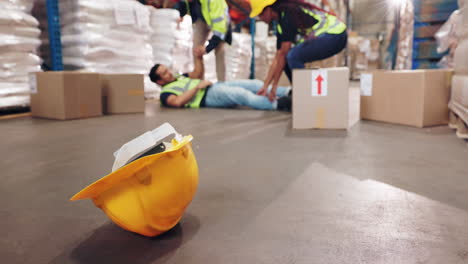 warehouse accident with injured worker and colleagues assisting