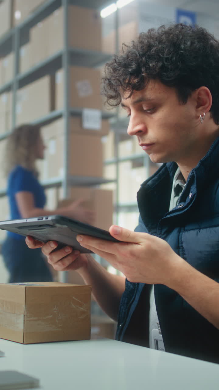trabajador de almacén que utiliza una tableta para comprobar los paquetes