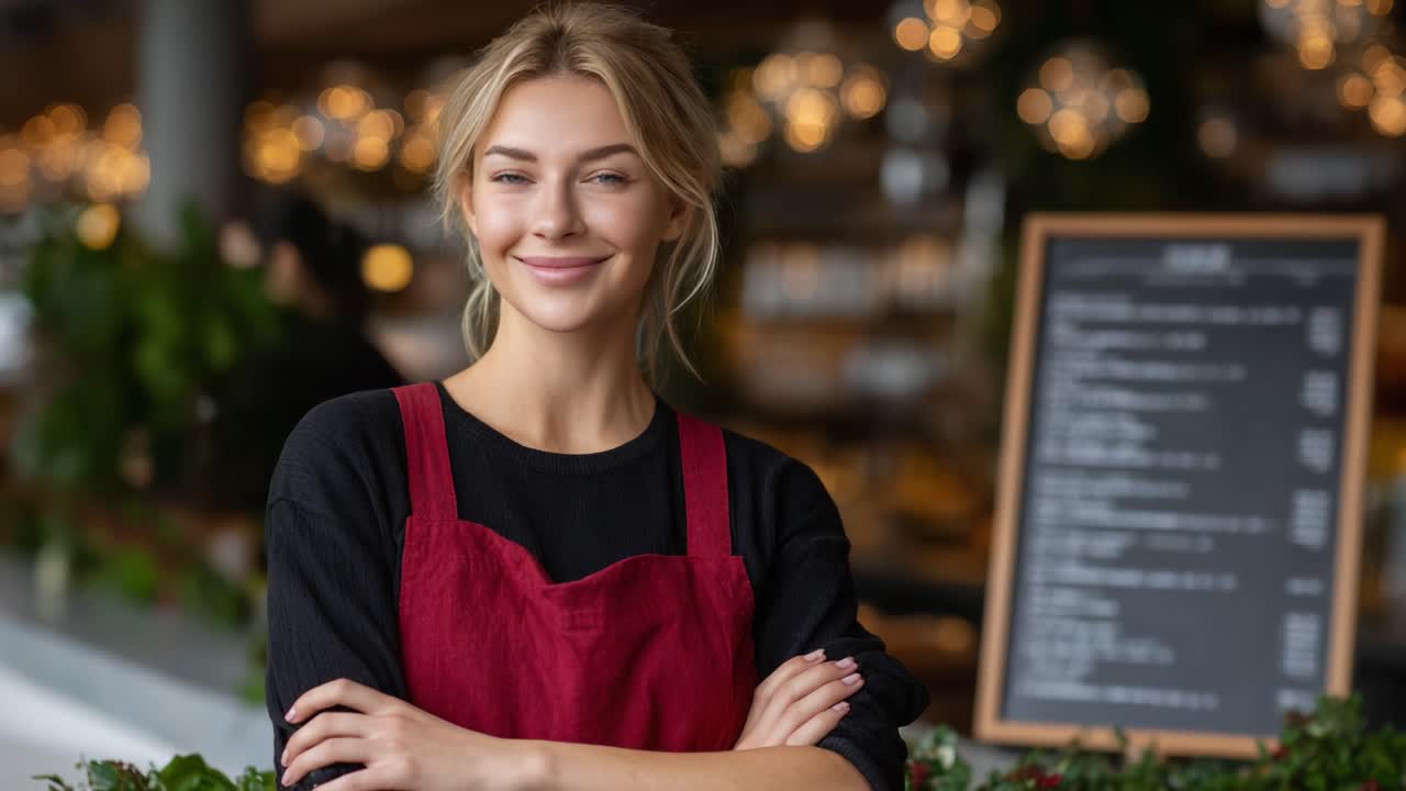 En selvsikker barista smiler i hyggelige caféomgivelser med varm belysning og en menutavle i baggrunden, der fanger essensen af kundeservice og gæstfrihed
