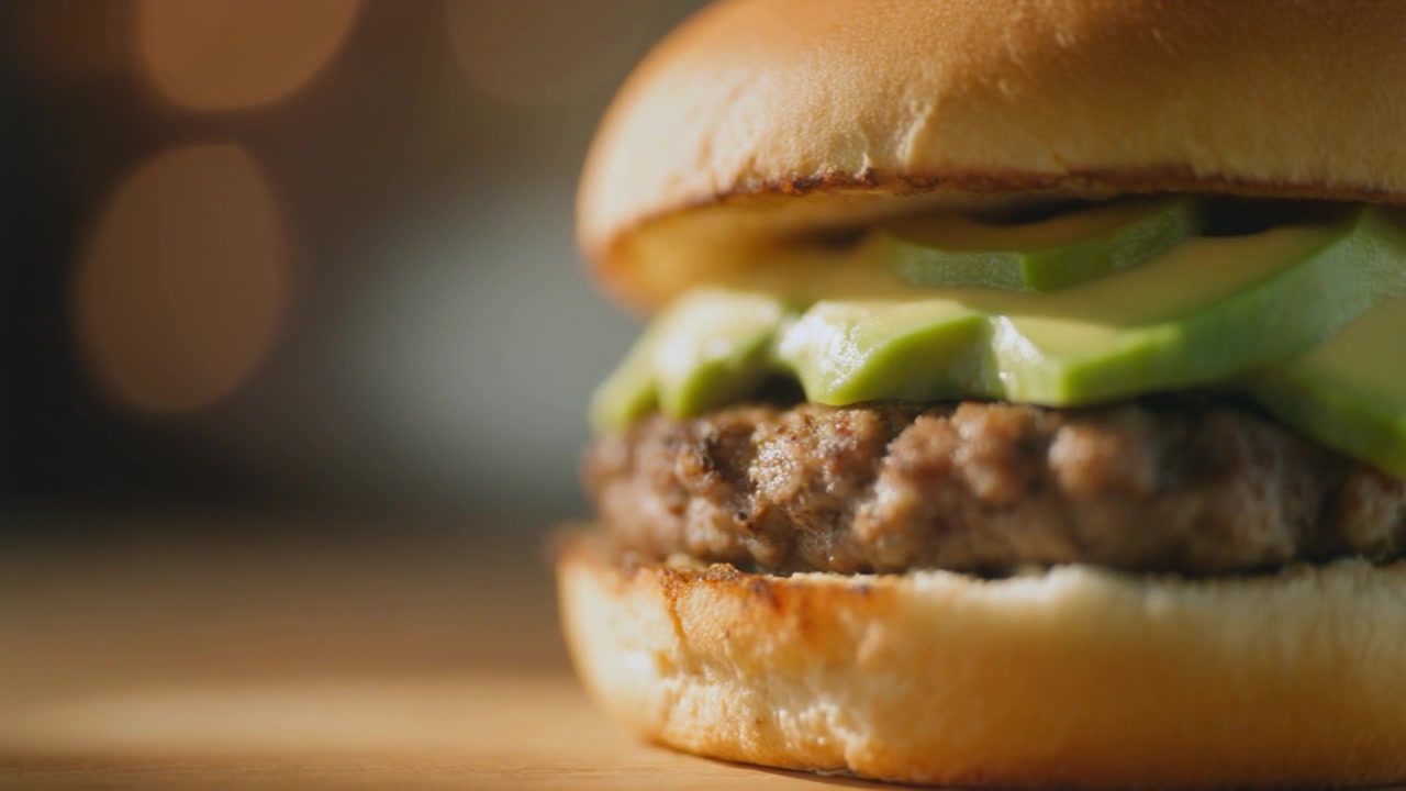 Primo piano di un cheeseburger fresco all'avocado su una superficie di legno.