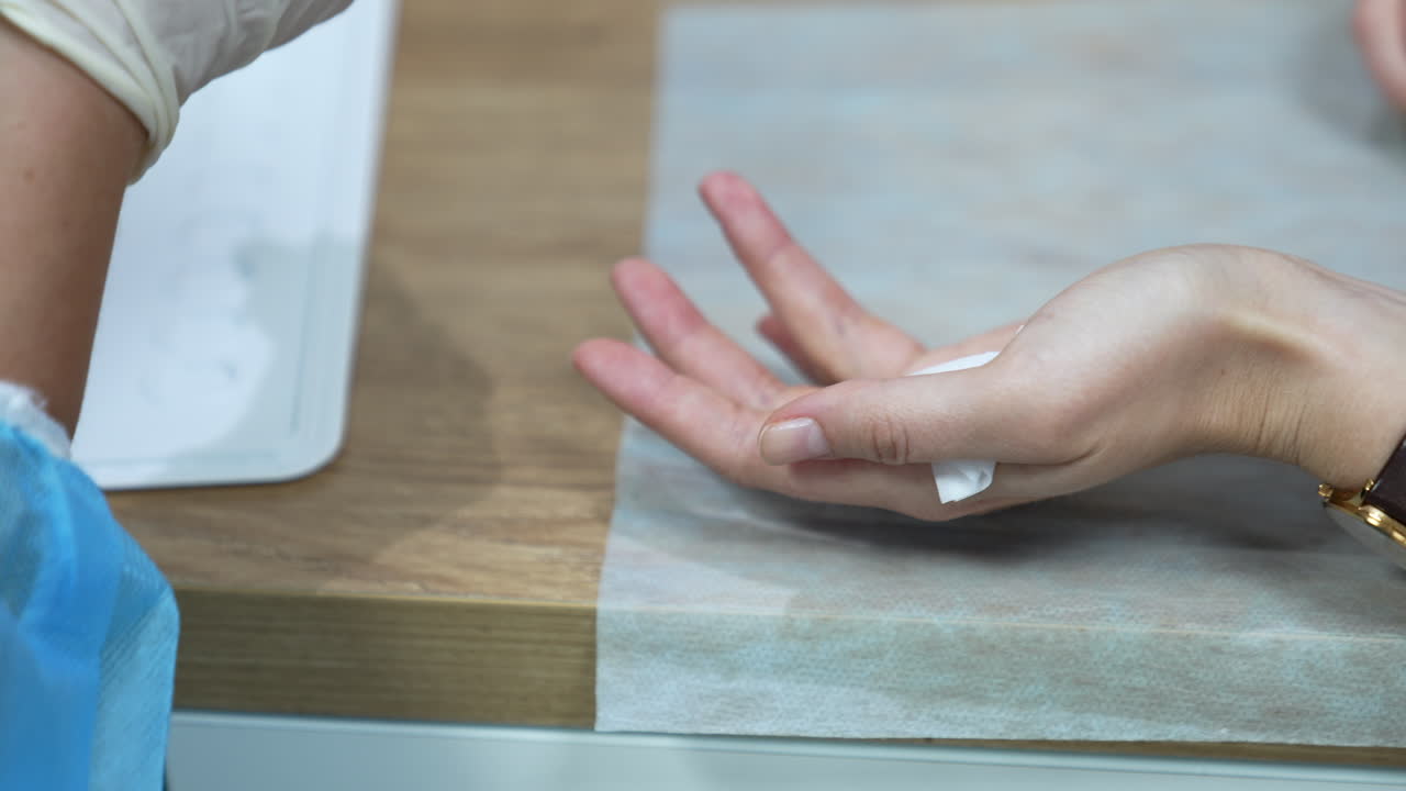 Female hand holding a little piece of napkin behind her thumb. Medic in latex gloves uses scarifier to take patient's blood test. Close up.
