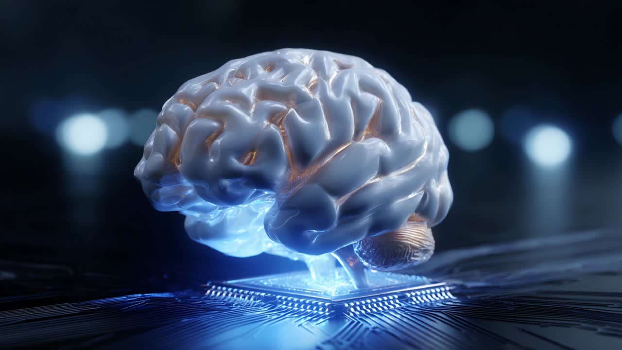 An Artistic Representation of an Innovative Brain Model Illuminated on a Circuit Board, Showcasing the Fusion of Digital Technology and Cognitive Science in a Visually Striking Display of Artificial Intelligence