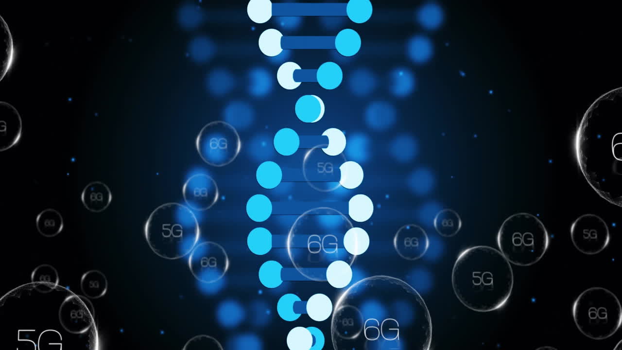 Scientific data processing animation with DNA strand and binary coding elements