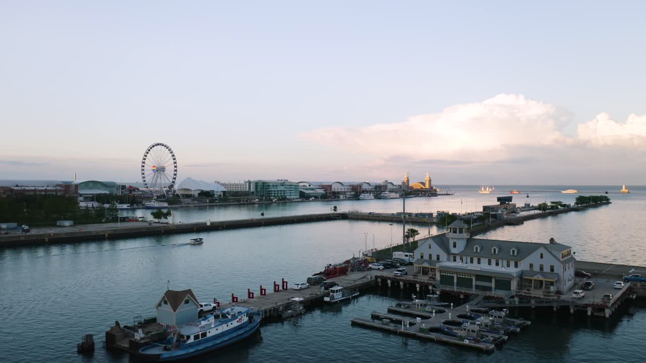 Scenic Aerial View of Chicago's Historic Navy Pier and Lake Michigan on Summer Day Near Sunset