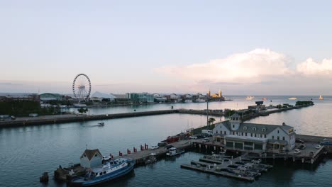 scenic aerial view of chicago's historic navy pier and lake michigan on summer day near sunset