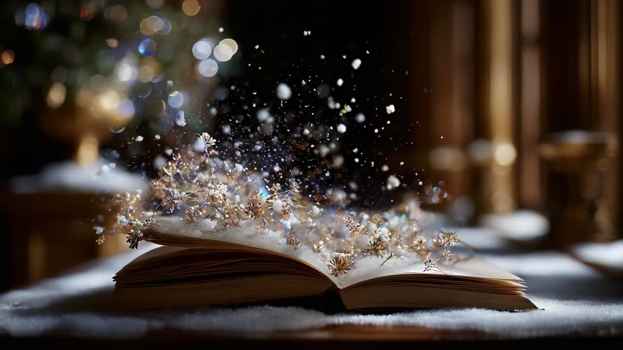 An Enchanted Book Opening in a Magical Winter Wonderland: A Glittering Display of Snowflakes and Floral Embellishments Capturing the Essence of Imagination and Wonder in a Cozy, Festive Atmosphere